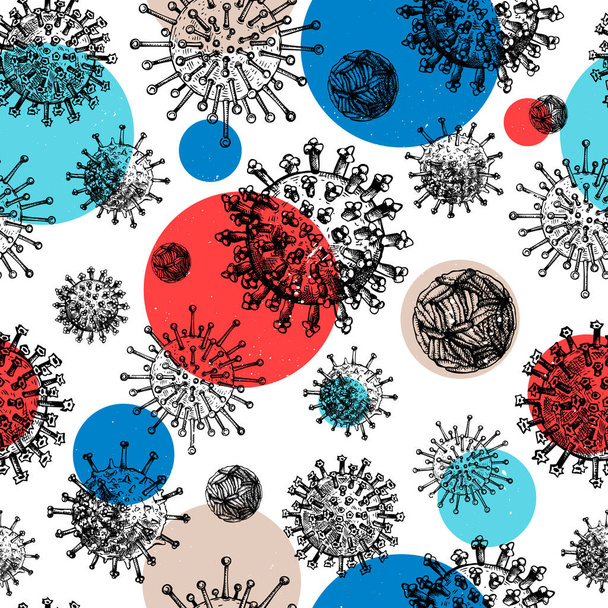 Coronavirus COVID-19 hladký vzor. Různé druhy virů. Biologické organismy na pozadí ve starobylém rytém stylu. Základy infekce respiračním virem. Ručně kreslená ilustrace viru korony - Vektor, obrázek
