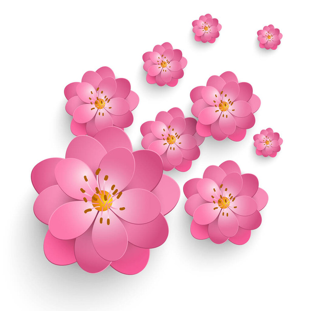 Vector paper cut sakura flowers. Floral volumetric composition. Elegant element for invitaion cards. - Vektor, obrázek