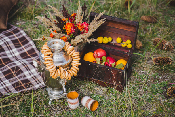 Äpfel im Kasten auf dem Gras und trockener Herbststrauß - Foto, Bild