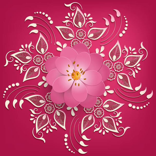 Vector paper cut sakura flowers with mehndi ornament on background. Floral volumetric composition. Elegant element for invitaion cards. - Vetor, Imagem