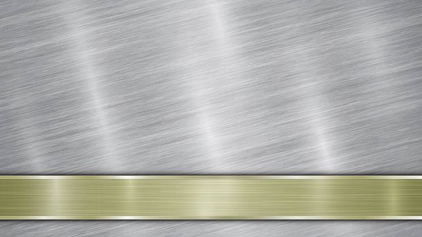 Achtergrond bestaande uit een zilverkleurig glanzend metallic oppervlak en een horizontale gepolijste gouden plaat onderaan, met een metalen textuur, glaren en gepolijste randen - Vector, afbeelding