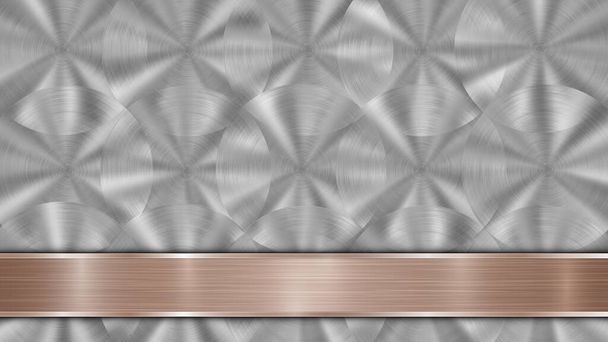Arkaplanda gümüş parlak metalik bir yüzey ve bir yatay cilalı bronz plaka, metal bir doku, parlaklıklar ve yanmış kenarları bulunur. - Vektör, Görsel