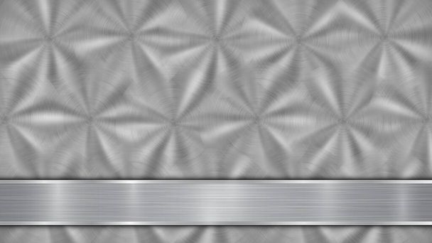 Hintergrund in silbernen und grauen Farben, bestehend aus einer glänzenden metallischen Oberfläche und einer horizontalen polierten Platte, die sich unten befindet, mit einer Metallstruktur, grellen Farben und polierten Kanten - Vektor, Bild