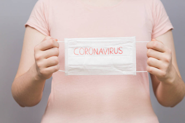 Nieuw coronavirus - Chirurgisch masker beschermend masker met CORONAVIRUS tekst. Chinese coronavirus uitbraak. Masker in handen vrouw - Foto, afbeelding