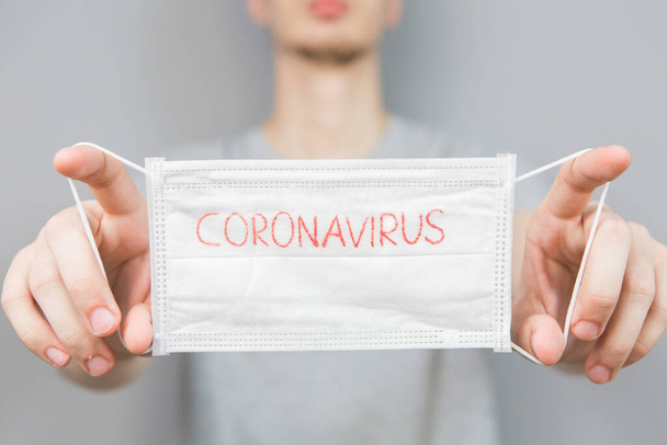 Novel coronavirus - Surgical mask protective mask with CORONAVIRUS text. Chinese coronavirus outbreak. Mask in hands - Foto, immagini