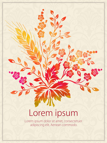 Vector invitation card with watercolor flower elements. Arabesque style design.  - Vecteur, image