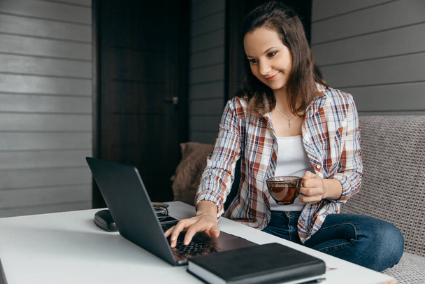 Mulher morena bonita feliz trabalhar no notebook sentar-se no sofá em casa - verificar em lojas on-line para vendas cibernéticas - conceito de casa de trabalho
 - Foto, Imagem