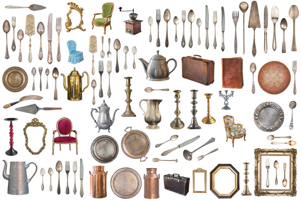 Huge set of antique items.Vintage household items, silverware, furniture and more. Isolated on white background. - Photo, Image