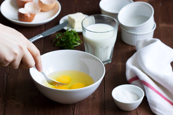 Ingredients and accessories for making omelet. Selective focus. - 写真・画像