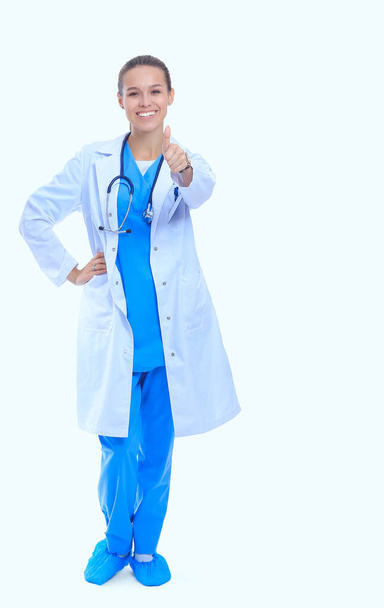 A female doctor showing ok, isolated on white background - Φωτογραφία, εικόνα