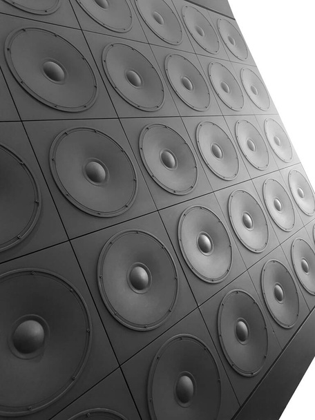 Mur noir énorme de haut-parleurs basses, fond abstrait blanc, texture, éclairage dramatique
 - Photo, image