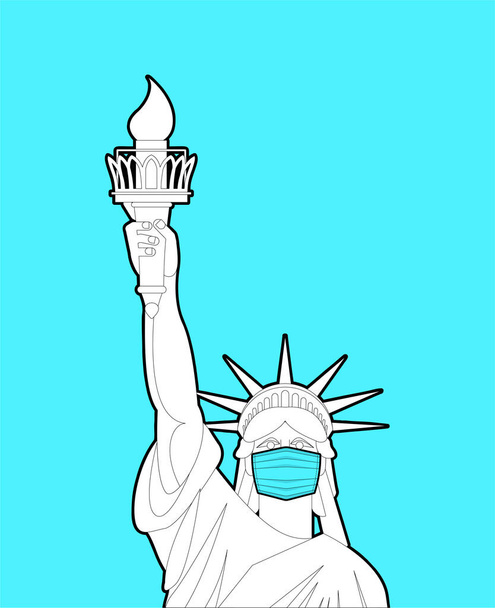 Statue of Liberty in medical mask. Coronavirus in USA. Coronavirus isolation mode. Quarantine from the virus. Pandemi - Vektör, Görsel