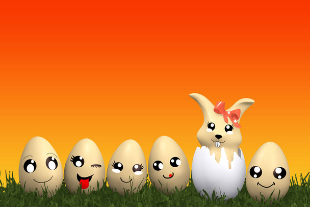 χαριτωμένο Kawaii Πάσχα λαγουδάκι με αστεία emoticon πασχαλινά αυγά. 3d απόδοση - Φωτογραφία, εικόνα