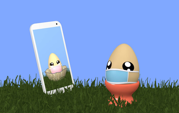 Миле великоднє яйце Каваї з маскою для обличчя має відеочат зі своєю дівчиною. 3D візуалізація
  - Фото, зображення