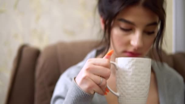Young woman drinking tea, reading book, armchair, cozy living room home comfort - Metraje, vídeo
