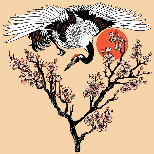Japonský jeřáb s větví kvetoucí sakury a červeným sluncem. Létající pták a třešňové květy kvetou. Tetování. Vektorová ilustrace - Vektor, obrázek