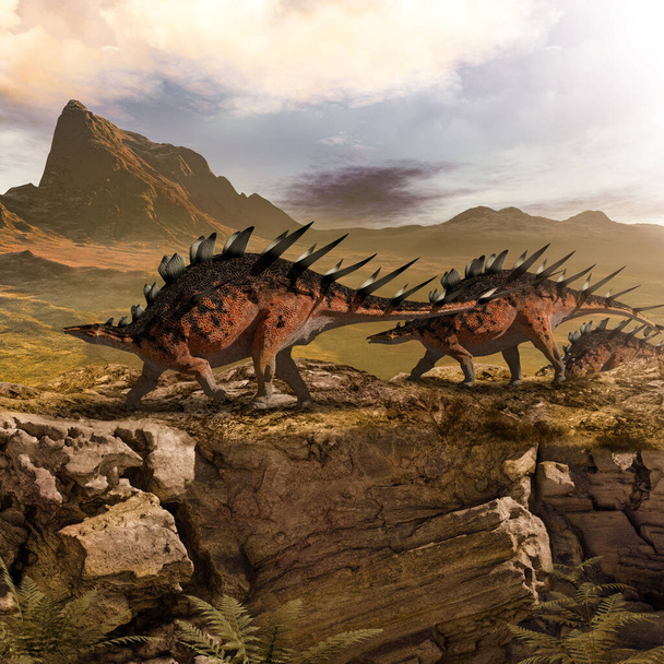 Концепция стада кентрозавров-динозавров, марширующих по доисторическому ландшафту, 3d рендеринг
. - Фото, изображение