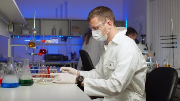 Επιστήμονας που εξετάζει βλαστούς σε τρυβλίο Petri - Πλάνα, βίντεο