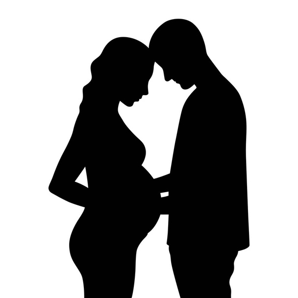 Seitenansicht eines liebevollen jungen Paares, das ein Baby erwartet. Schwarz-weiße Silhouette. - Vektor, Bild