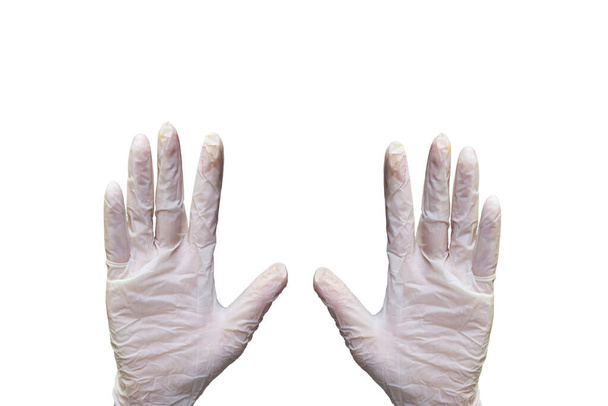 mains portant des gants médicaux de protection isolés sur blanc
 - Photo, image