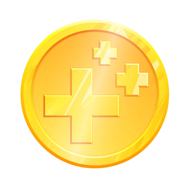 Altın sikke sağlık yenilenme sembolü beyaz arka planda kesişir. Üç Geometrik metal şekil. Oyun ve uygulamalar için iyileştirici işaret simgesi. Artı vektör elementi izole edilmiş logo. Hayat piktogramı yeniliyor - Vektör, Görsel