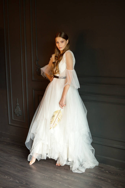 portrait of a beautiful young woman with makeup in a wedding dress - Zdjęcie, obraz