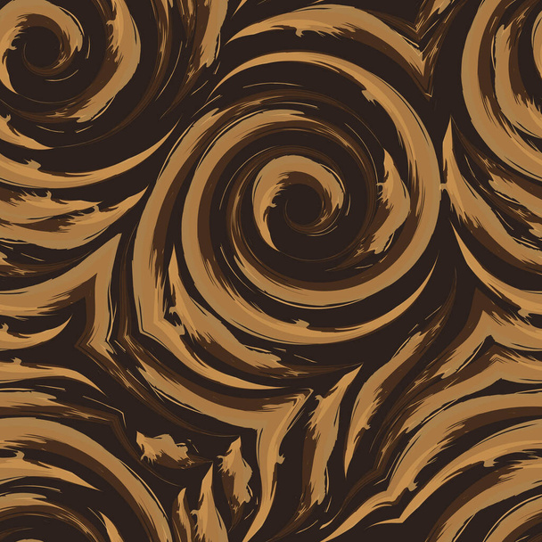 Vector seamless texture of spirals and broken lines of orange on a dark background. Imitation of watercolor. Brush strokes. Fibonacci spiral. Whirlpool or flow. Dark - Vector, Image