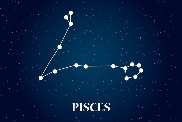 Closeup of Pisces horoscope symbol horoscope zodiac sign. Vector art EPS illustration. Pisces Star constellation isolated on beautiful starry sky, dark blue black night background with vignette - Vector, Image