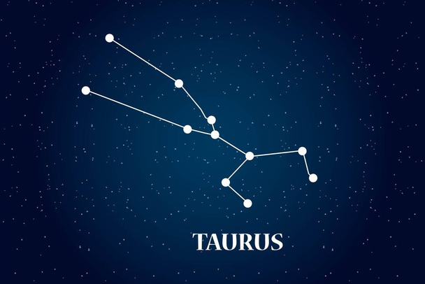 Closeup of Taurus horoscope symbol horoscope zodiac sign. Vector art EPS illustration. Taurus Star constellation isolated on beautiful starry sky, dark blue black night background with vignette - Vector, Imagen