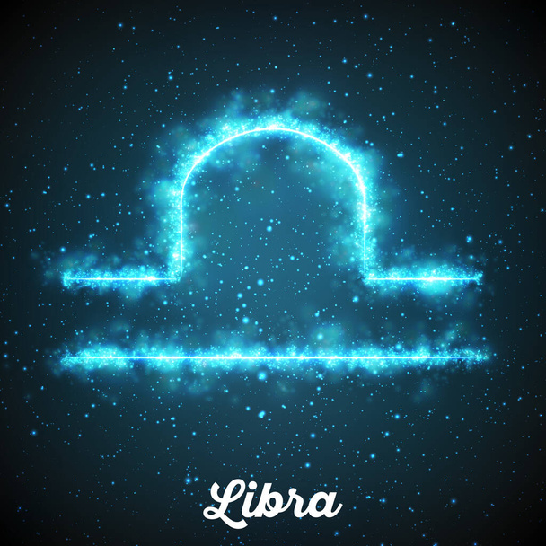 Vector abstract zodiac sign Libra on a dark blue background of the space with shining stars. Nebula in form of zodiac sign Libra. Abstract glowing zodiac sign Libra, The Scales, greek: Zygos - ベクター画像