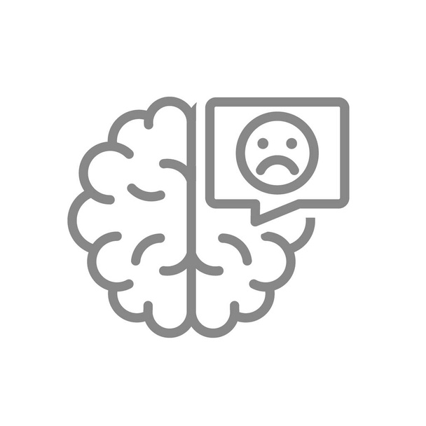Brain with sad face in speech bubble line icon. Diseased internal organ, central nervous system illness symbol - Vector, Image