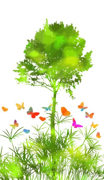 силуэт травы на белом фоне. Живописный пейзаж с деревом и бабочками. Разноцветные бабочки. Смешанные СМИ. Векторная иллюстрация
 - Вектор,изображение
