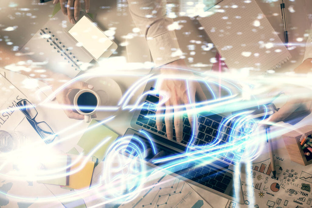 Double exposure of man and woman working together and a car drawing. Computer background. Top View. Autopilot concept. - Foto, afbeelding