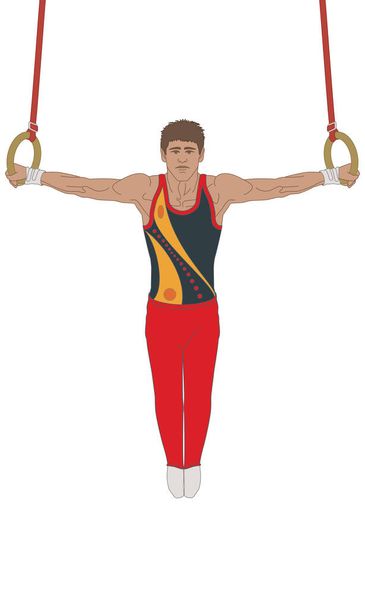 gimnasta macho suspendido sosteniendo anillos aislados sobre un fondo blanco
 - Vector, Imagen