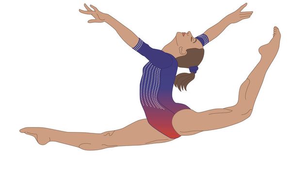gymnast female in leaping artistic splits pose on a isolated on a white background - Vector, Image