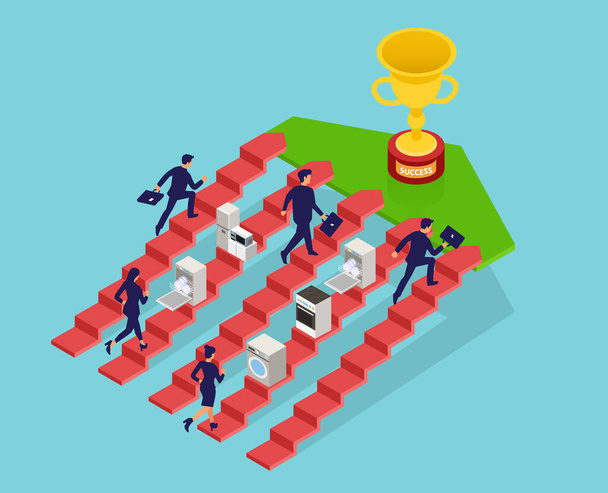 Inequality and sexism concept. Businesspeople running to success. Businessmen with free way toward the goal, being helped by corporate culture while businesswoman have obstacles housework in theirs - Vector, Image