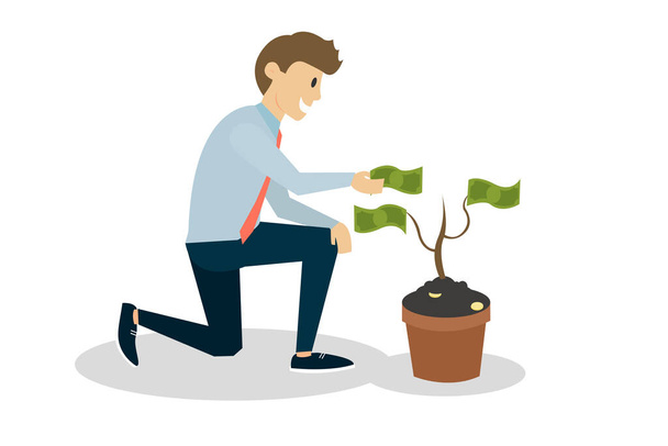 Businessman taking cash dollar from a money tree with banknotes and golden coins. Successful man, business project investment and income conceptual image. Eps Flat style vector illustration. - Vector, Image