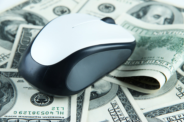 Computer mouse on dollars close up - 写真・画像