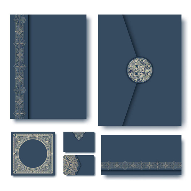 Set of vector folders with vintage geometric monogram frames and elements on dark blue background. Monogram design element. Vintage styled initial decoration. Business paper set. - Vektor, kép