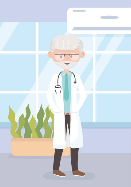 病院の医療スタッフの専門医漫画のキャラクターで古い医師 - ベクター画像