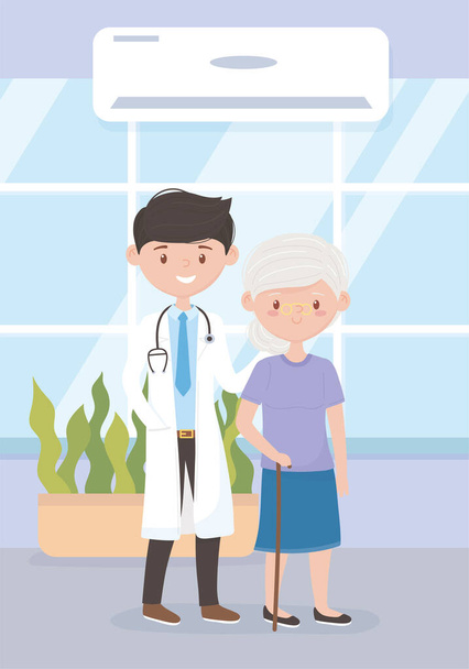 lääkäri ja vanha nainen potilaan hoitohenkilökunnan ammatillinen lääkäri sarjakuvahahmo
 - Vektori, kuva