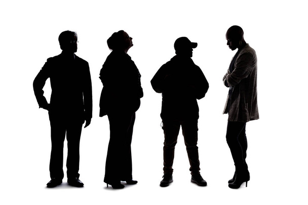 Silhouette of a group of people waiting in line.  The crowd is isolated on a white background and the models are unrecognizable and anonymous.  - Photo, Image