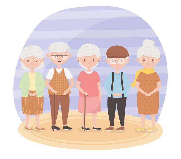 alte Menschen, Gruppe Menschen Großeltern, reife Personen Zeichentrickfiguren - Vektor, Bild