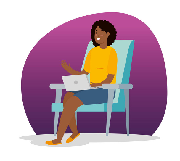 mujer afro trabajando en casa con portátil sentado en silla
 - Vector, Imagen