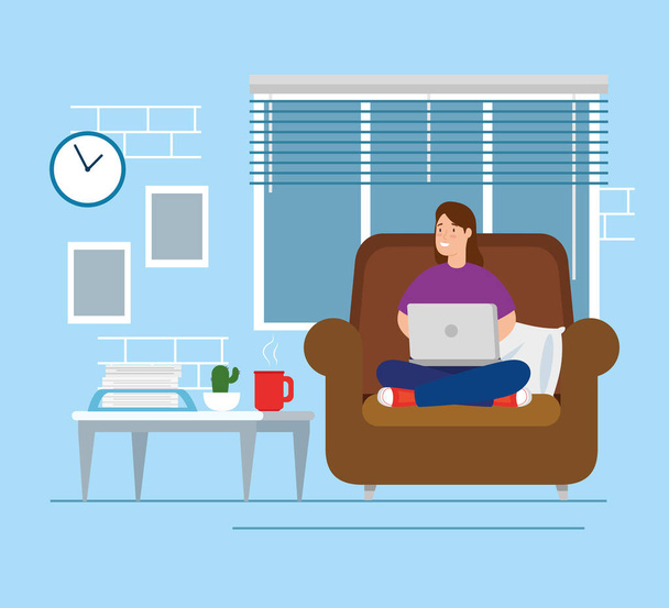 scene of woman working at home in living room - Vector, Image
