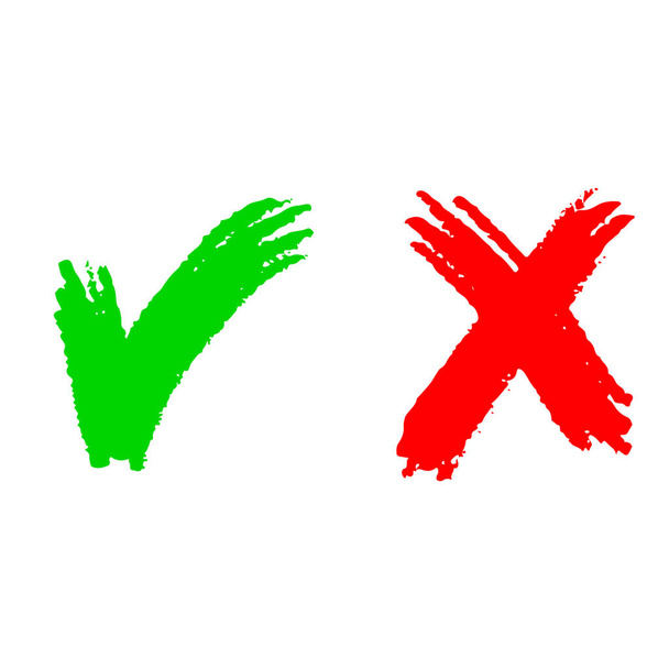 ręcznie rysowane Zielony znak kontrolny i Czerwony krzyż izolowane na białym tle. Dobra i zła ikona. Ilustracja wektora. - Wektor, obraz