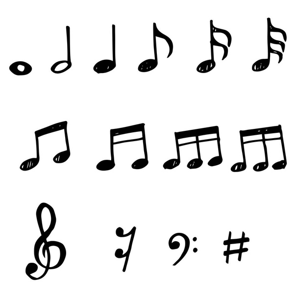 Set di note musicali disegnate a mano scarabocchiare. Elemento di design doodle vettoriale note musicali illustrazioni dei cartoni animati isolato
. - Vettoriali, immagini