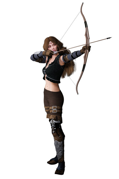 白地に弓と矢を持つ白人エルフの射手女性, 3Dイラスト, 3Dレンダリング - 写真・画像