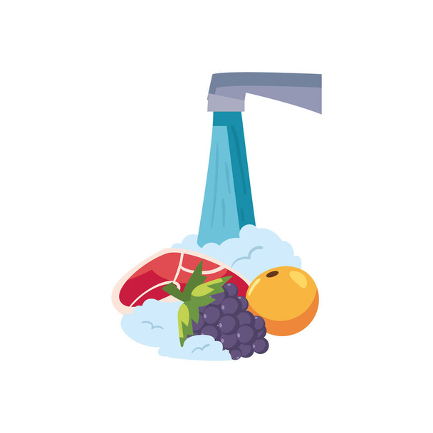 Et üzümleri ve su altında portakal yıkama düz musluk tarzı ikon vektör tasarımı - Vektör, Görsel