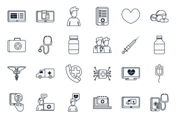 Saúde on-line e cuidados médicos linha estilo ícone conjunto vetor design
 - Vetor, Imagem